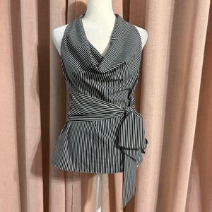 striped y2k cowl neck halter wrap belt sleeveless top office chic